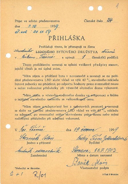 Přihláška do družstva z roku 1959 (archiv SBD)